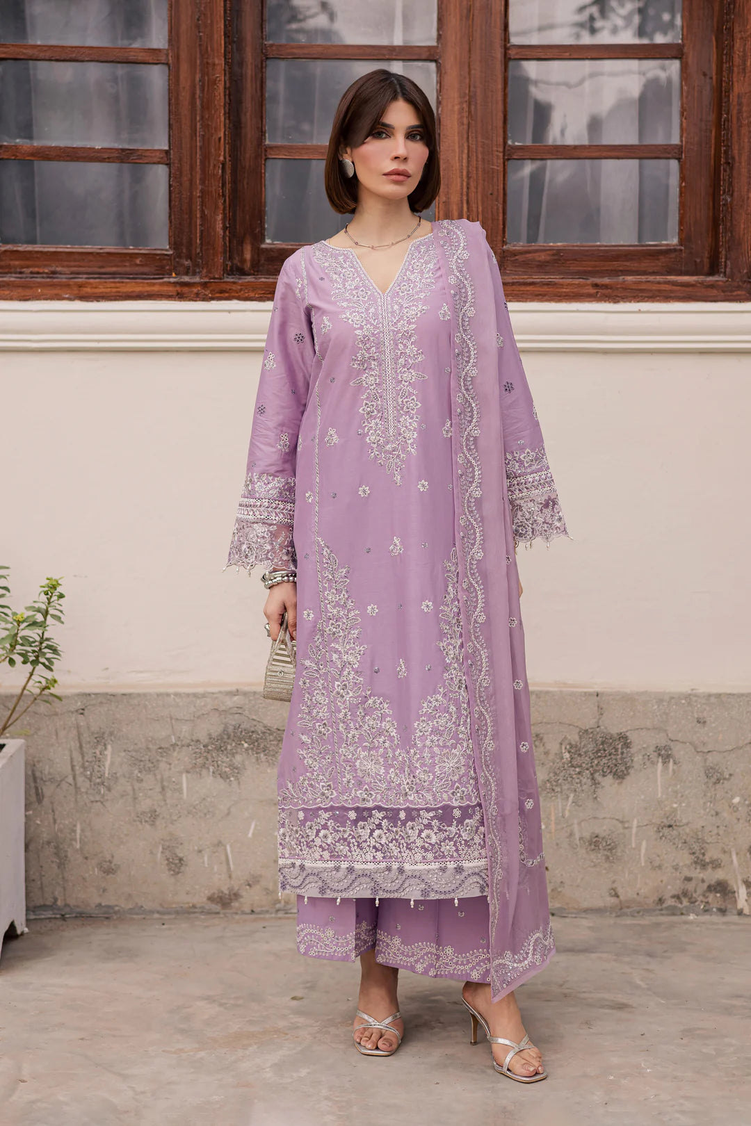 Banafsh 3Pc Festive Embroidered Lawn - Lifestyle Shot | MEHRAAH