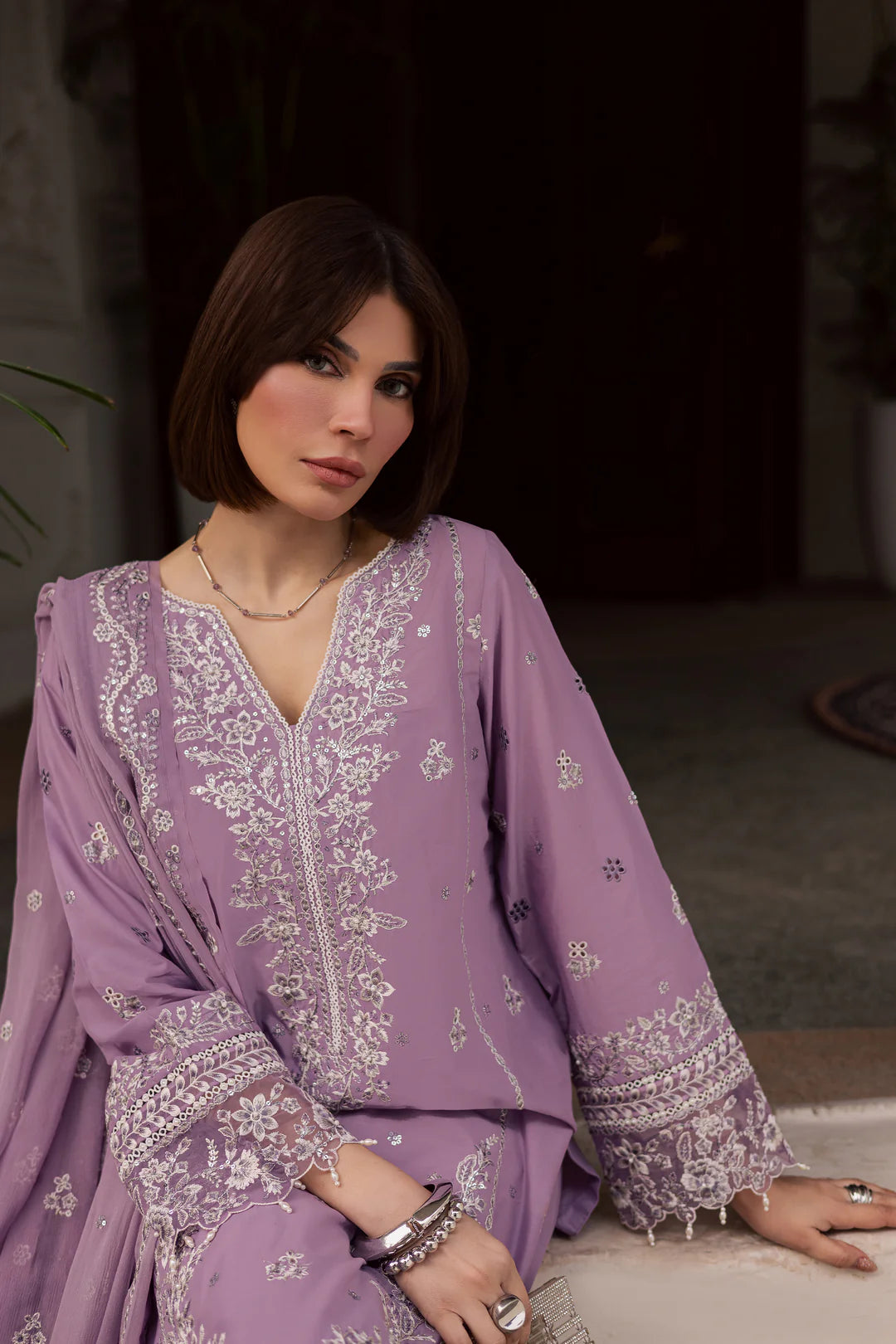Banafsh 3Pc Festive Embroidered Lawn - Back View | MEHRAAH