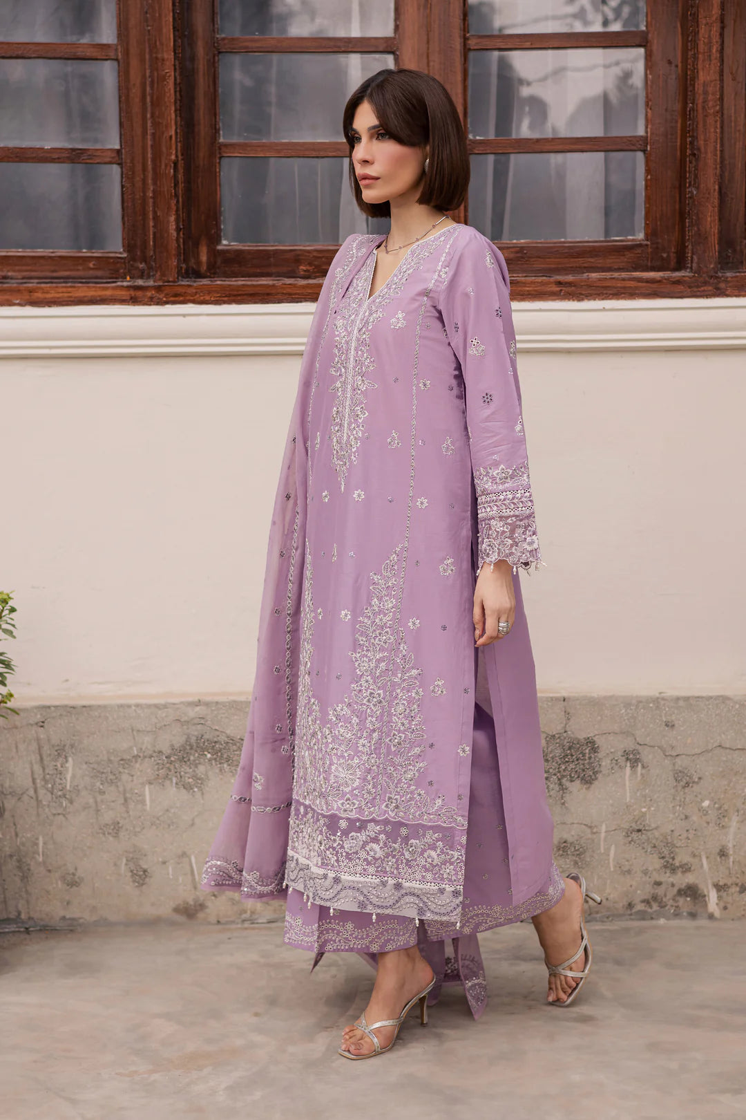 Banafsh 3Pc Festive Embroidered Lawn - Side View | MEHRAAH
