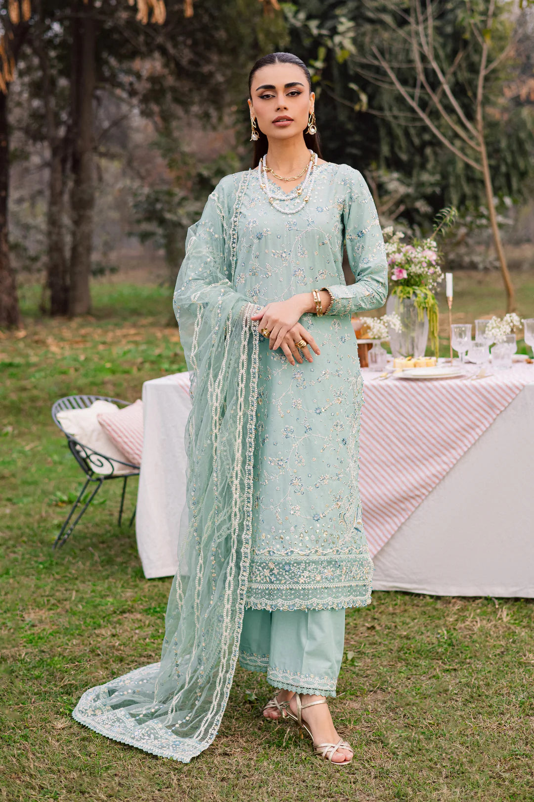 Blue Swan 3Pc Festive Embroidered Lawn - Front View | MEHRAAH