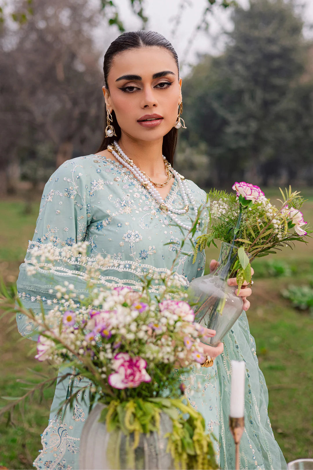 Blue Swan 3Pc Festive Embroidered Lawn - Side View | MEHRAAH