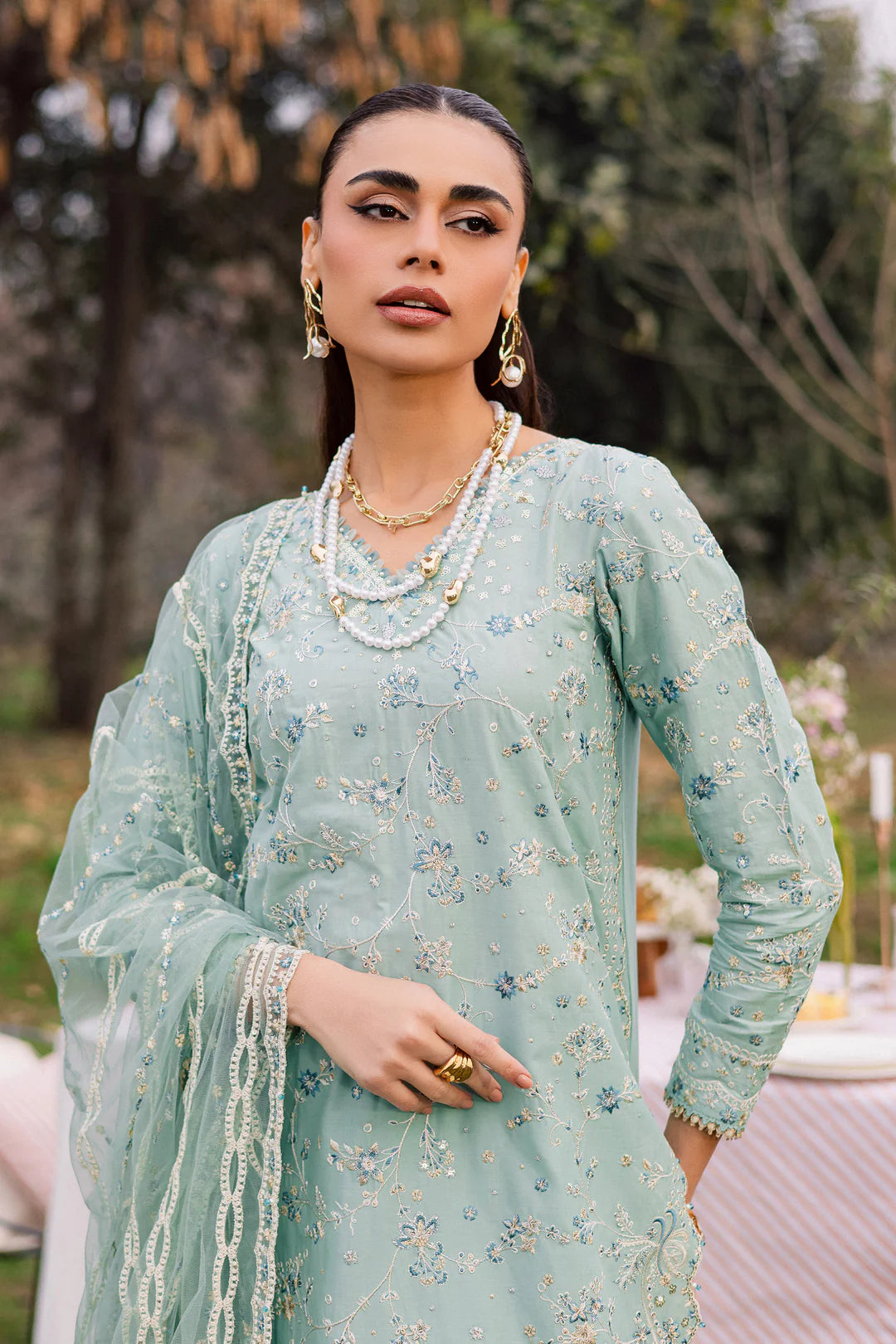 Blue Swan 3Pc Festive Embroidered Lawn - Lifestyle Shot | MEHRAAH