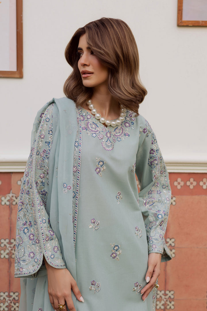 Basil 3Pc Embroidered Lawn Dress - Lifestyle Shot | MEHRAAH
