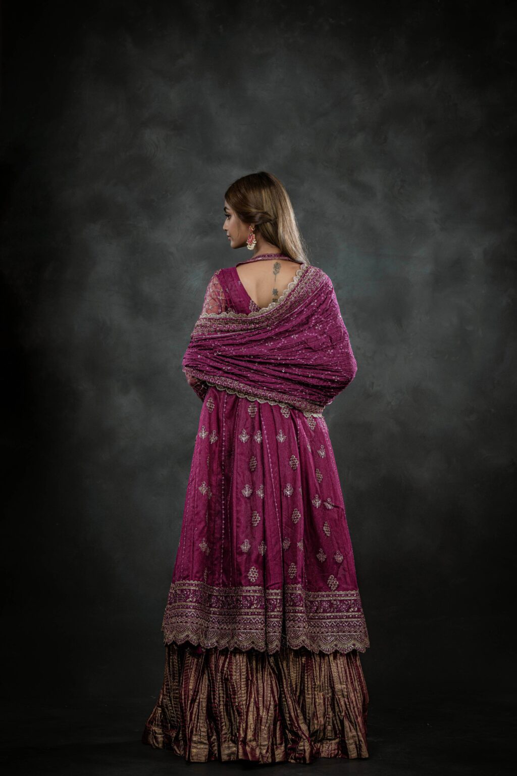 Zehra Royale Long Shirt & Crushed Lehenga - Side View | MEHRAAH