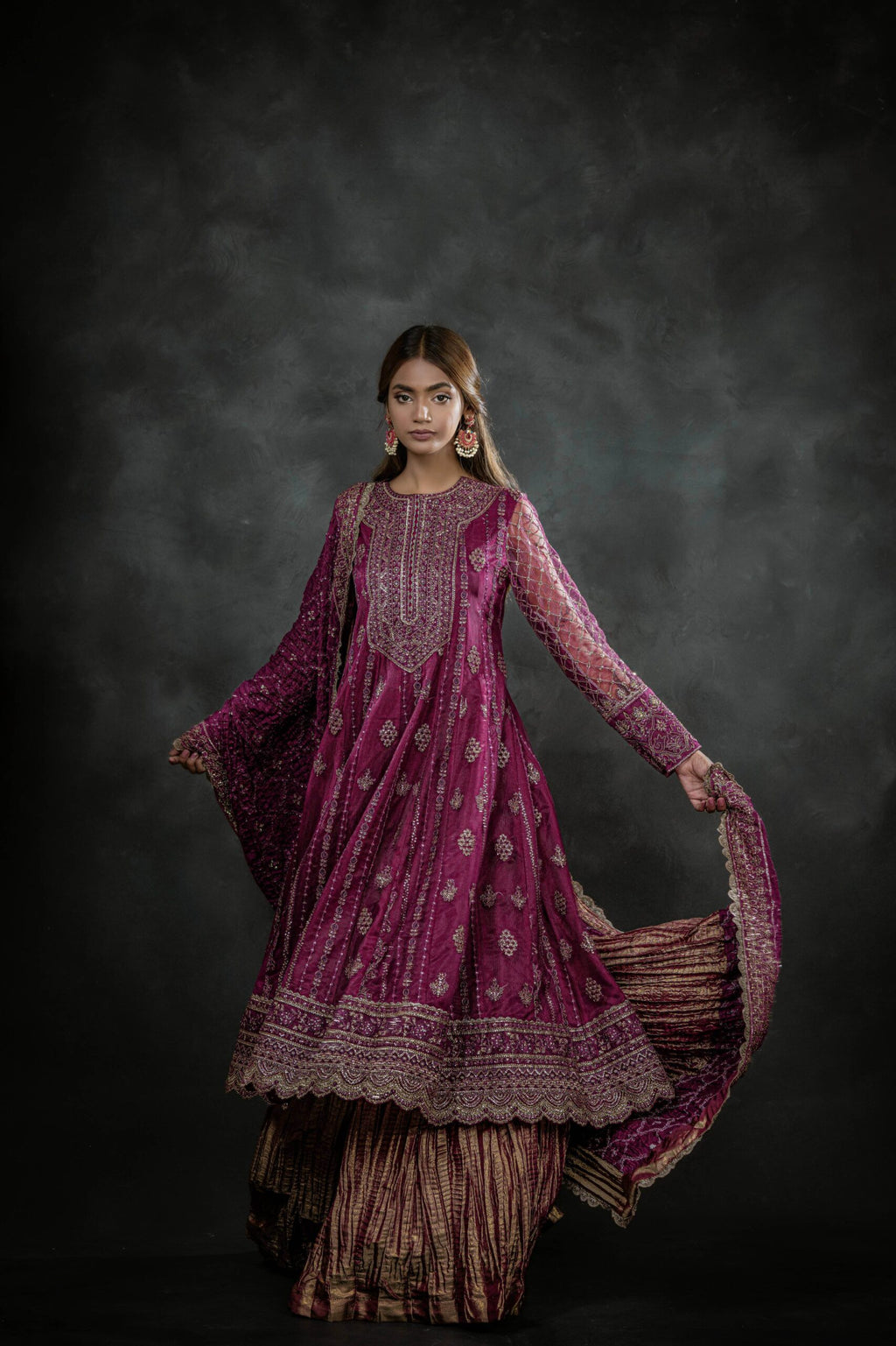 Zehra Royale Long Shirt & Crushed Lehenga - Front View | MEHRAAH