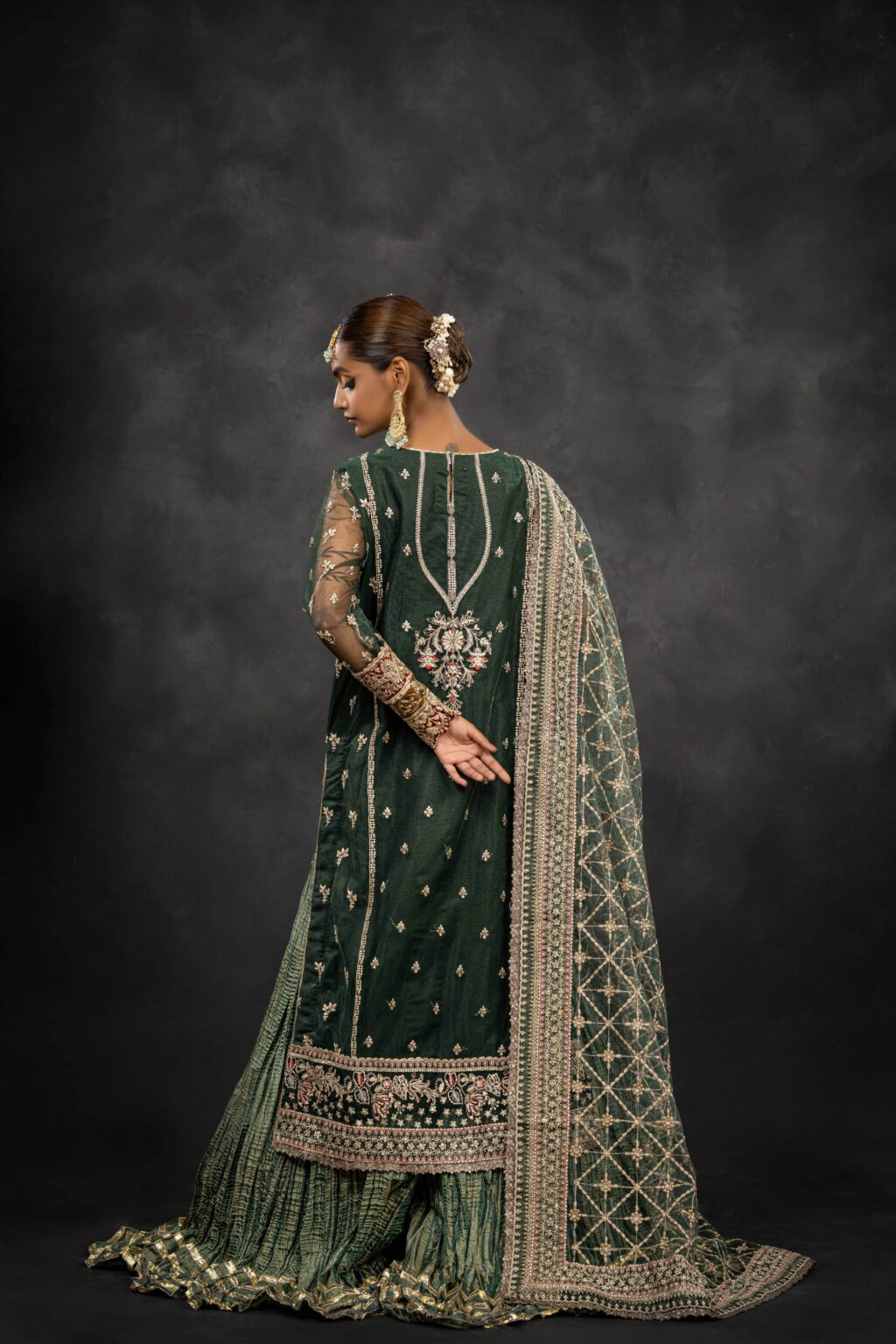 Royal Drape Long Shirt with Crushed Lehenga - Back View | MEHRAAH