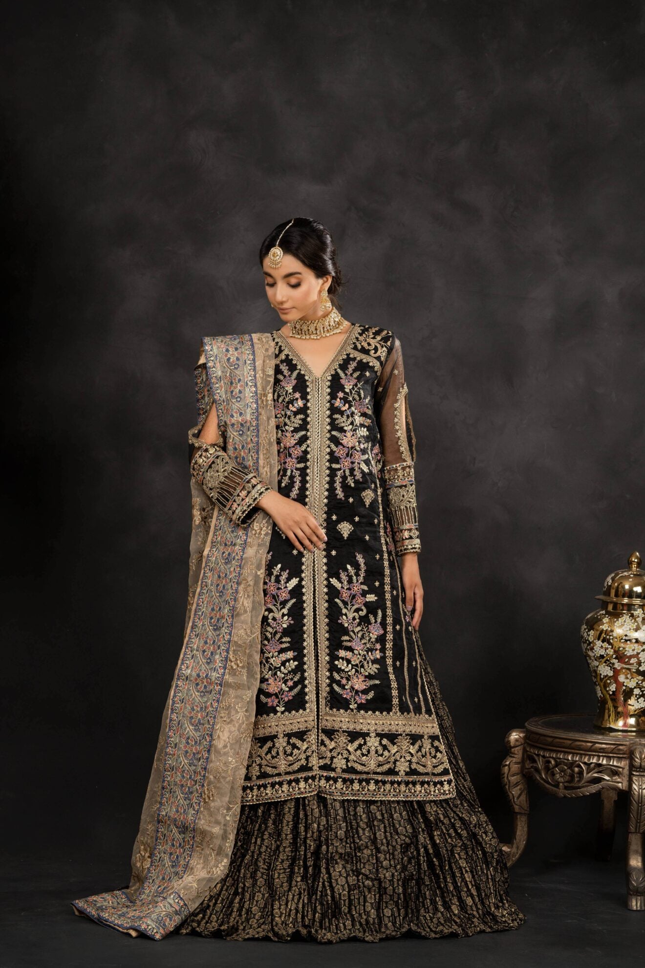 Embroidered Black Long Shirt & Crushed Lehenga