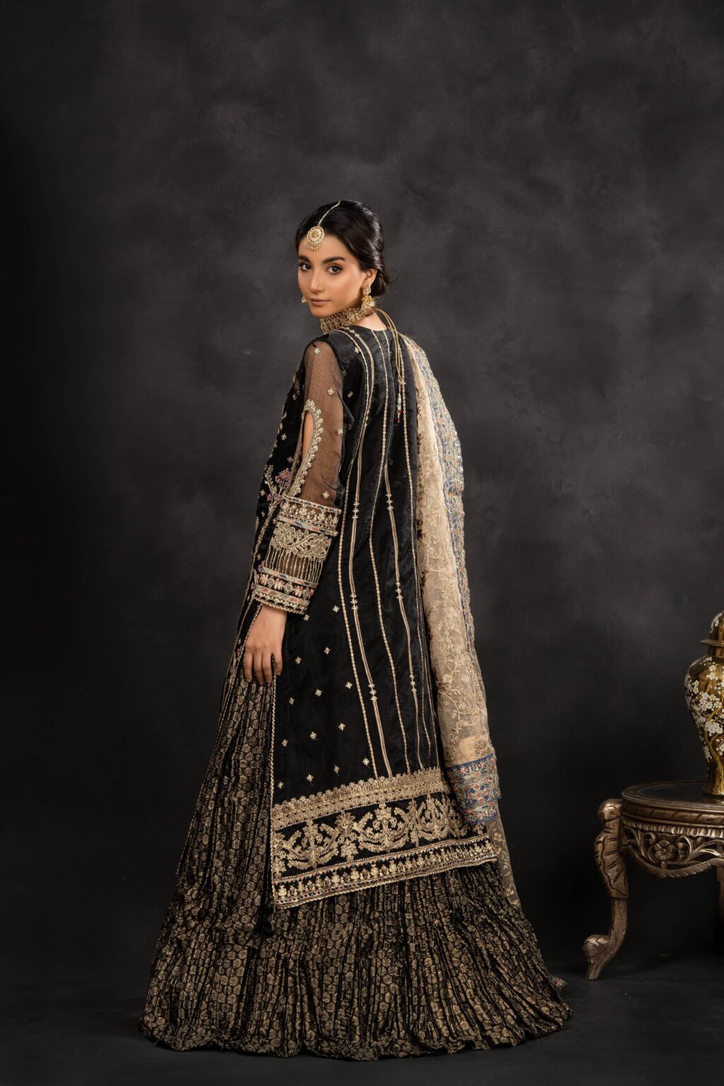 Embroidered Black Long Shirt & Crushed Lehenga