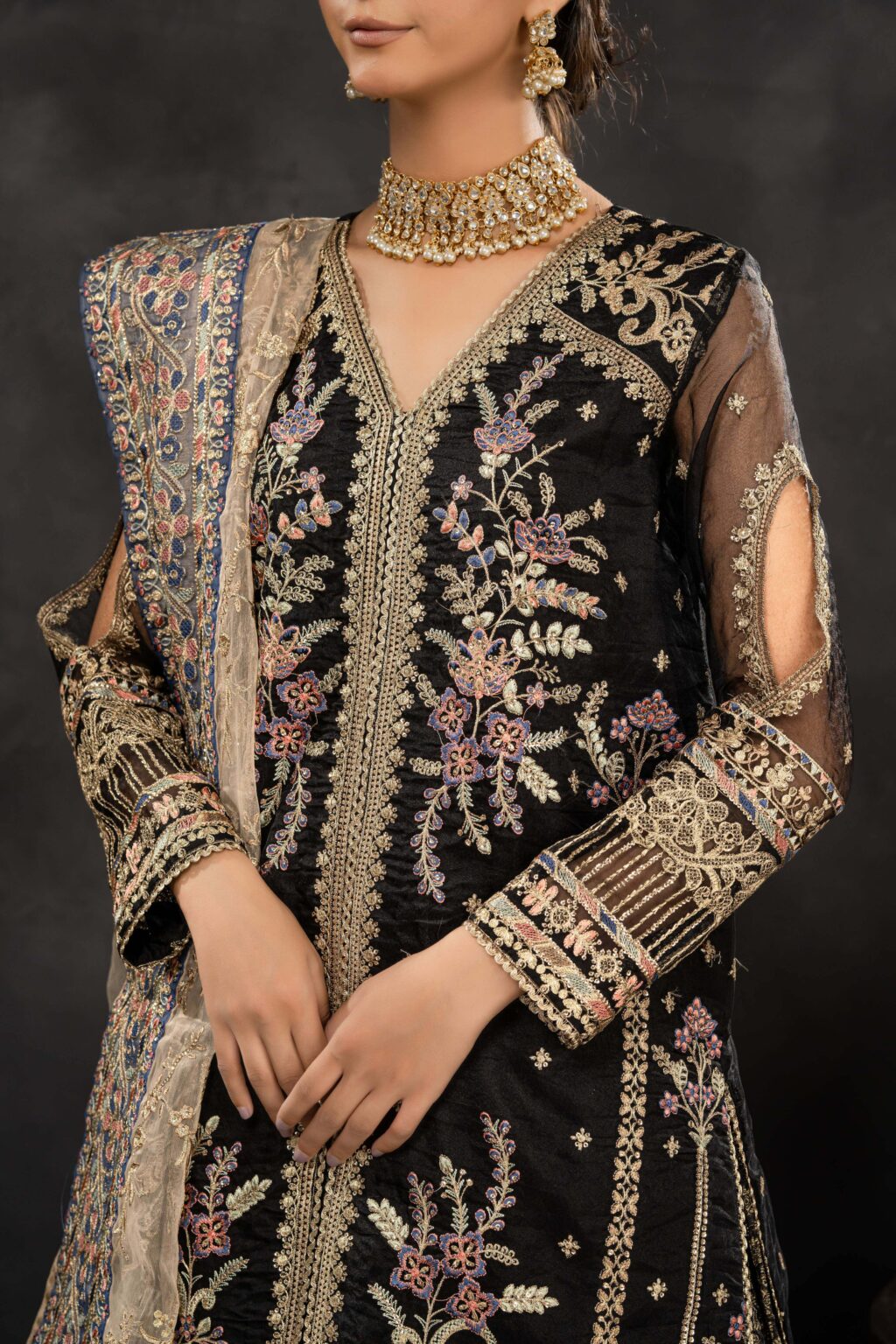Embroidered Black Long Shirt & Crushed Lehenga