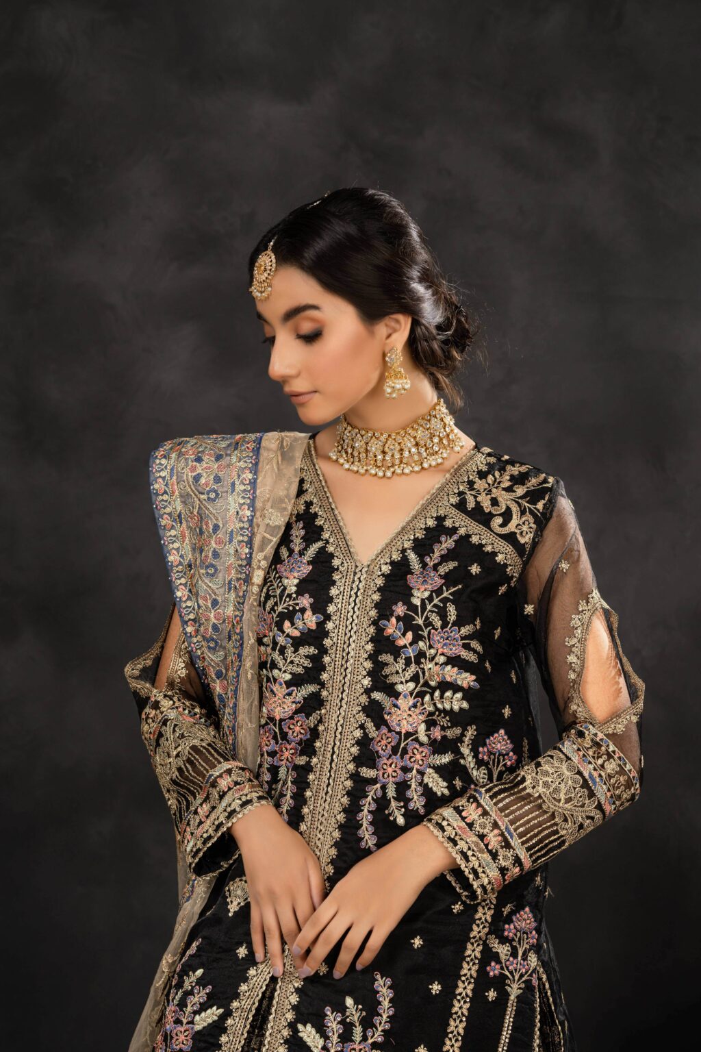 Embroidered Black Long Shirt & Crushed Lehenga - Side View | MEHRAAH