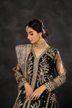 Embroidered Black Long Shirt & Crushed Lehenga - Side View | MEHRAAH
