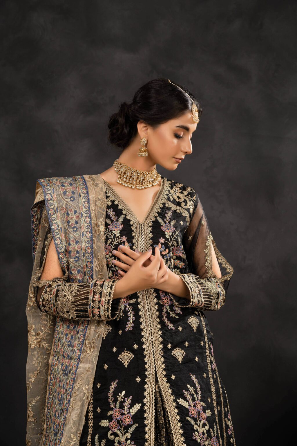 Embroidered Black Long Shirt & Crushed Lehenga