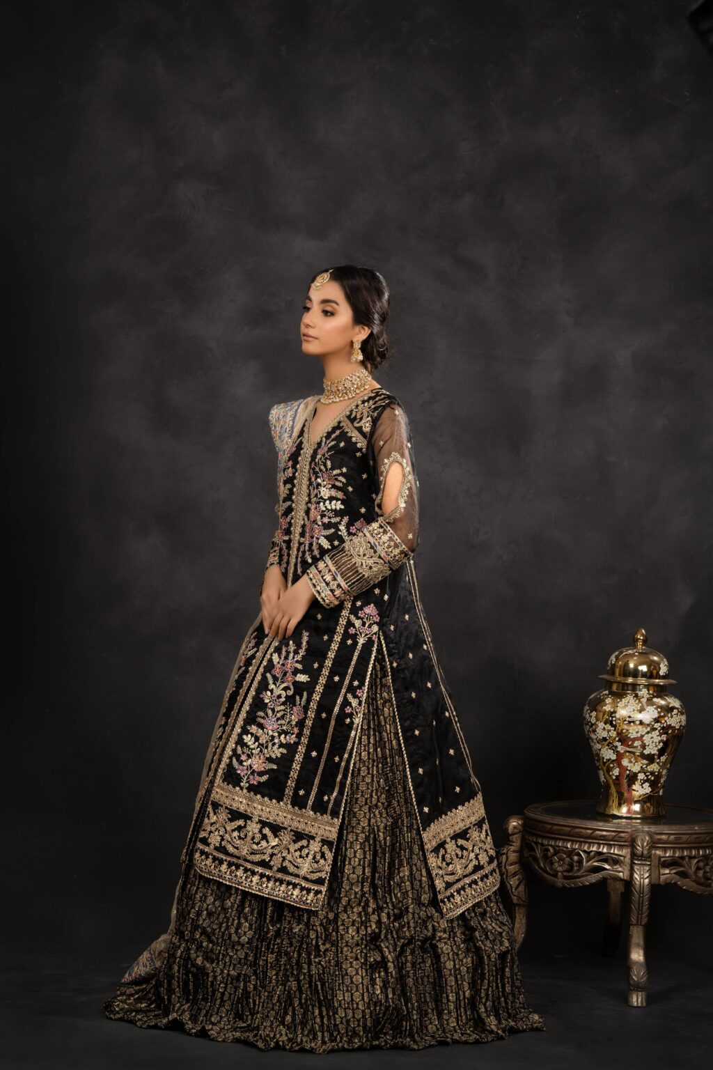 Embroidered Black Long Shirt & Crushed Lehenga - Full Look | MEHRAAH