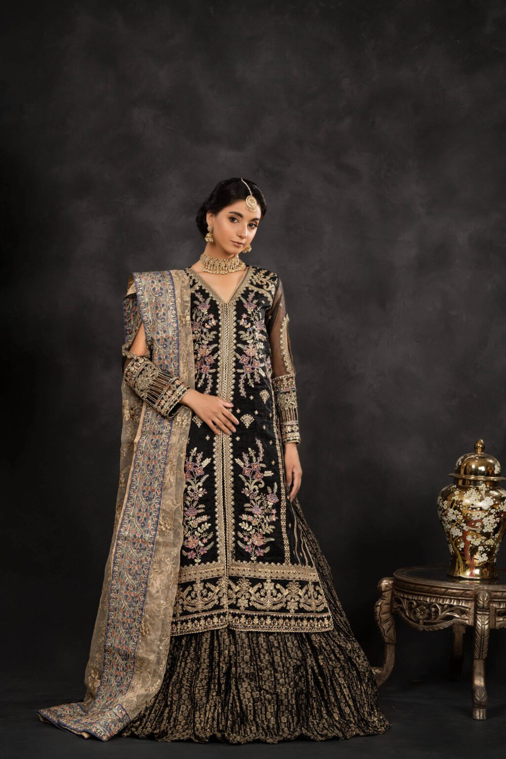Embroidered Black Long Shirt & Crushed Lehenga - Close-up Detail | MEHRAAH