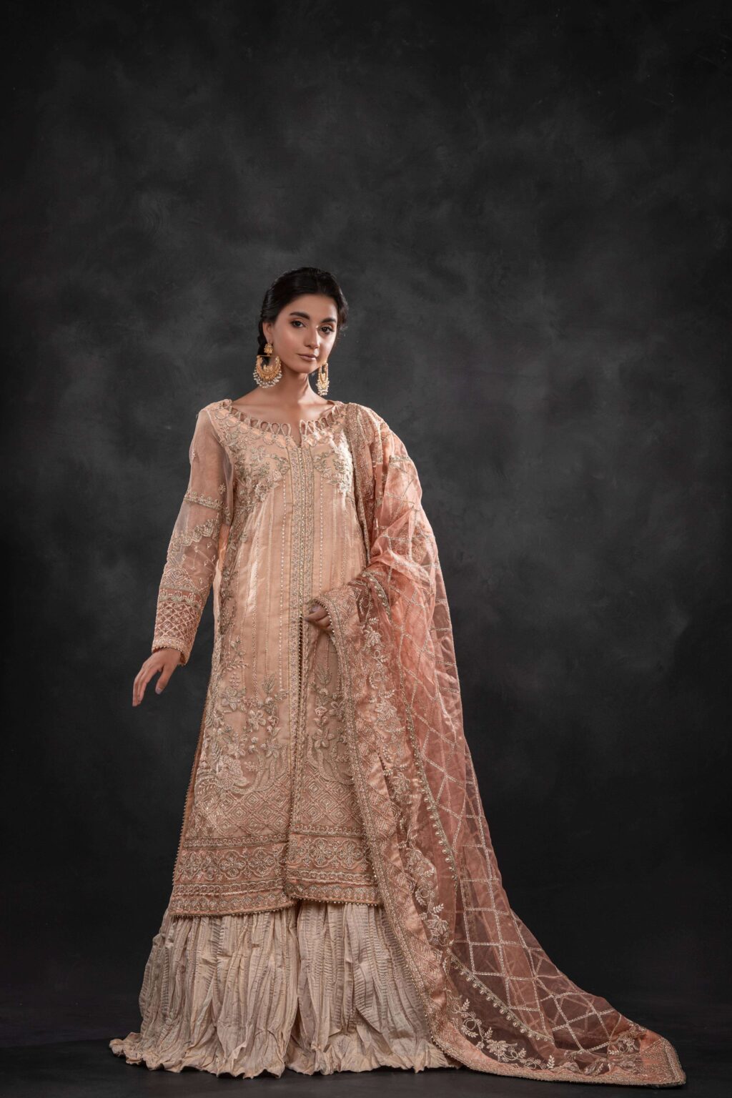 Luxury Long Shirt & Crushed Sharara Set - Side View | MEHRAAH