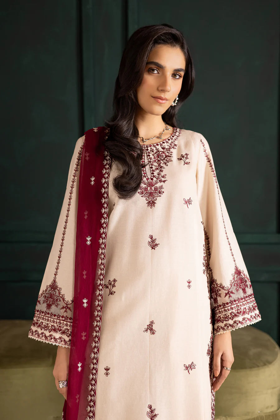 Ivory Rua 3Pc Embroidered Lawn Dress - Front View | MEHRAAH