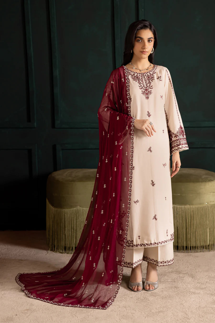 Ivory Rua 3Pc Embroidered Lawn Dress - Side View | MEHRAAH