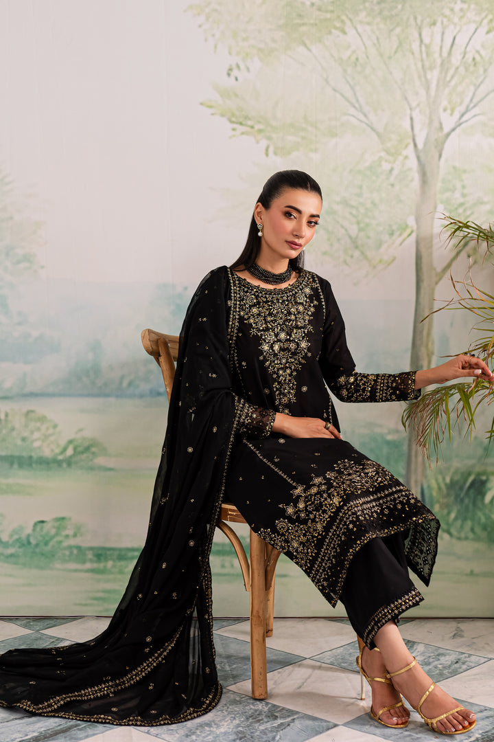NAVYA 3PC - BLACK EMBROIDERED LAWN DRESS