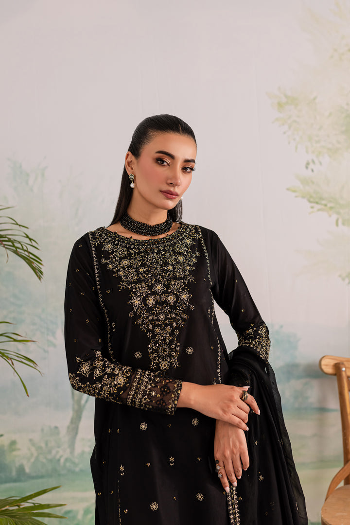 NAVYA 3PC - BLACK EMBROIDERED LAWN DRESS