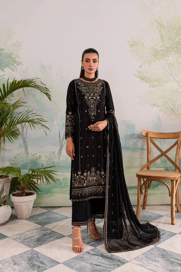 NAVYA 3PC Black Embroidered Lawn Dress - Front View | MEHRAAH