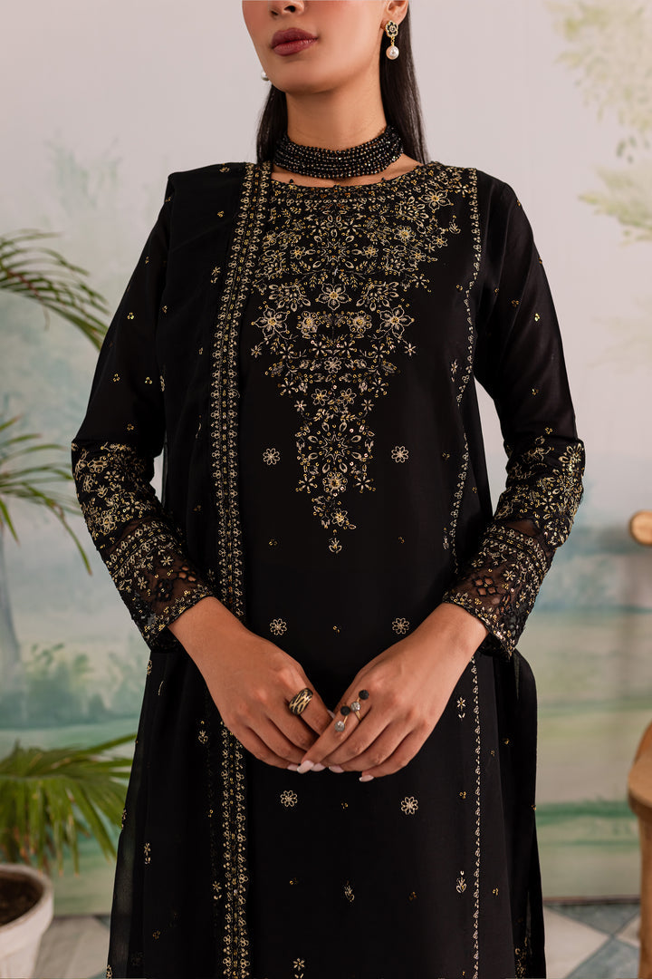 NAVYA 3PC Black Embroidered Lawn Dress - Fabric Detail | MEHRAAH