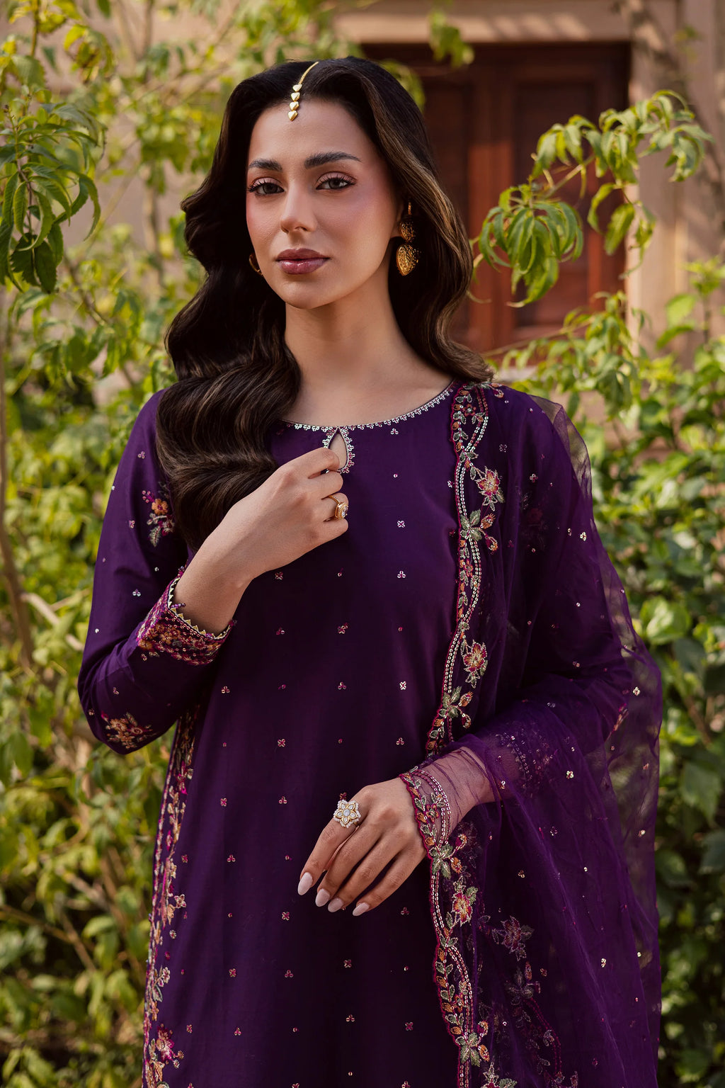 Pink Lavender 3Pc Festive Embroidered Lawn - Close-up Detail | MEHRAAH