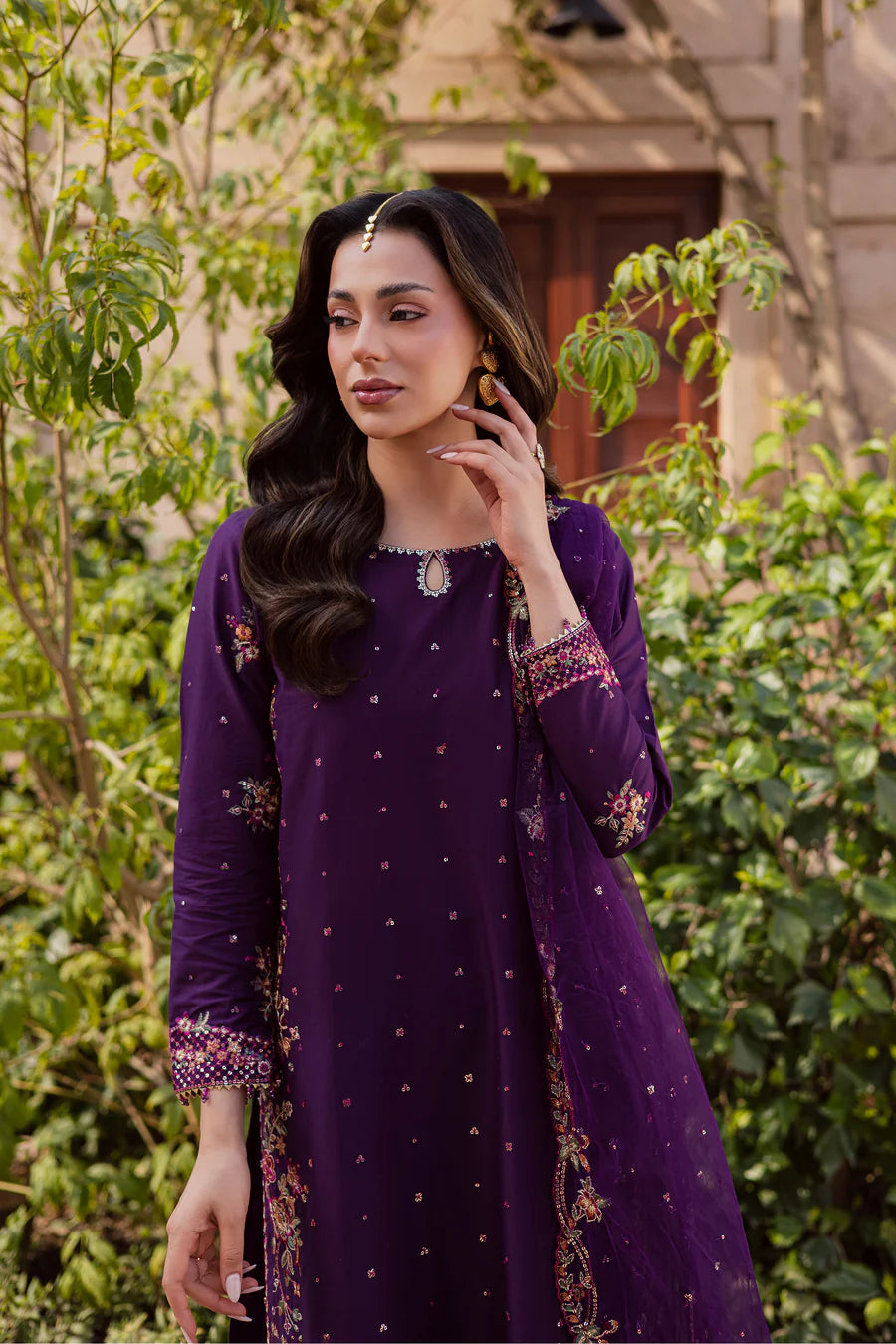 Pink Lavender 3Pc Festive Embroidered Lawn - Lifestyle Shot | MEHRAAH