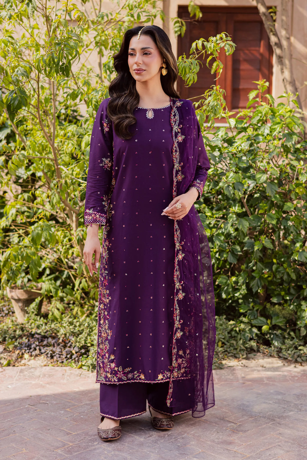 Pink Lavender 3Pc Festive Embroidered Lawn - Full Look | MEHRAAH