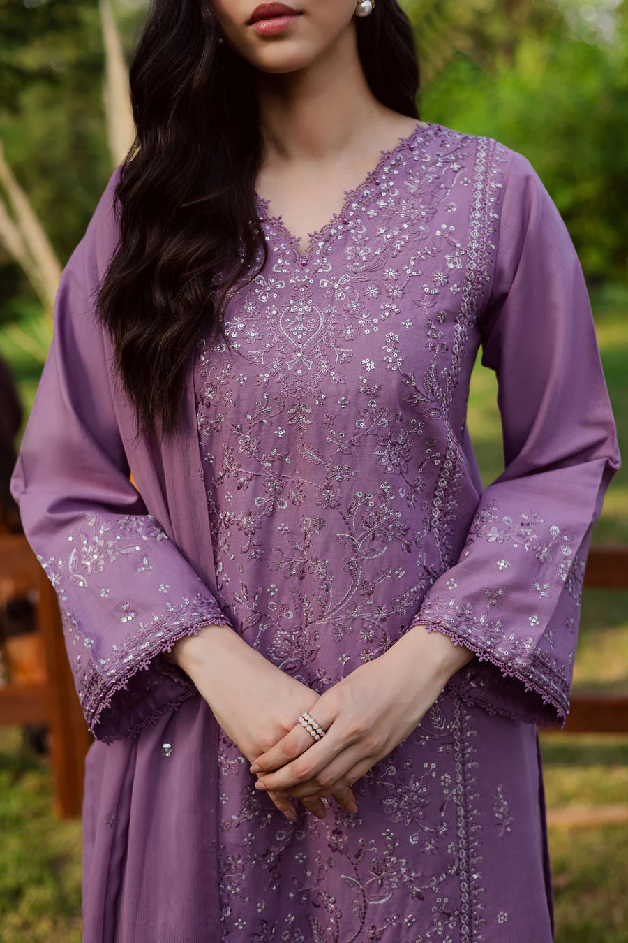 Raeven 3Pc Embroidered Lawn Dress - Lifestyle Shot | MEHRAAH